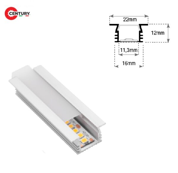 Profilo Alluminio Incasso 2mt completo di cover Opaca, Tappi e Clip